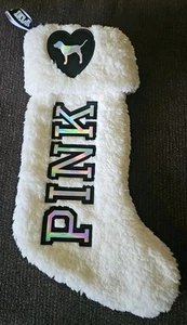 Victoria's Secret Weihnachtsstrumpf weiß PINK Sherpa genäht Hund Logo Glam - Bild 1 von 3