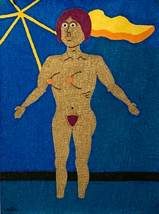 LACTON VINTAGE FOLK ART PRIMITIVE NUDE FIGURE PORTRAIT  MIXED MEDIA DRAWING - Picture 1 of 19