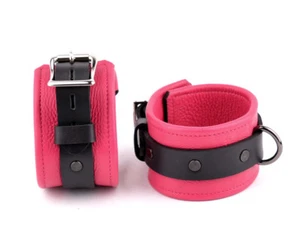 ANKLE CUFFS PREMIUM Handcrafted Leather HOT PINK / BLACK Heavy Duty Cf3AHPnk - Picture 1 of 3
