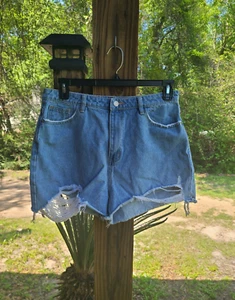 Misguided High Waist Cutoff Denim Shorts Blue Frayed Ripped Distressed 12/w 32” - Picture 1 of 5