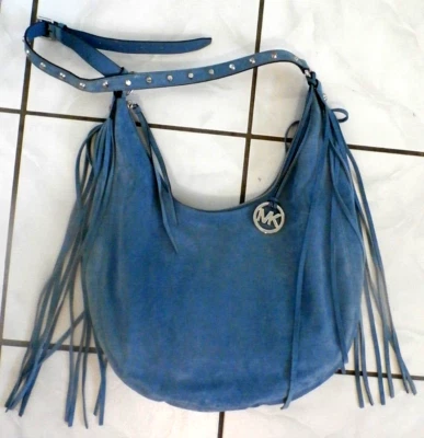NWT Michael Kors Large Rhea Slouchy shoulder Bag Purse Fringe Blue Suede Boho - Image 1 of 4