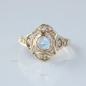 Real Rainbow Moonstone Square Ring Solid 18k Yellow Gold Diamond Pave Jewelry - Picture 1 of 6