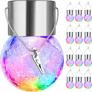 12-Pack Hanging Solar Lights, Decorative Cracked Glass Ball Light, Multicolor So - Picture 1 of 12