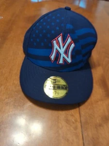 New York Yankees Hat New Era 59 Fifty Flag Embroidered Blue Size 7 3/8 Pre-owned - Picture 1 of 14