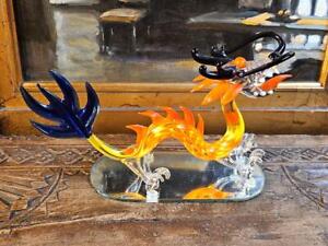 Ornate Hand Blown Glass Chinese Dragon Orange Blue On Mirror Stand 7.5" Long