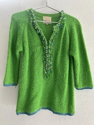 Suéter de Lana Robinson’s Vintage Años 60 Cuentas Lentejuelas Verde Cremallera Frontal Difusa Talla M Foto 1 de 4