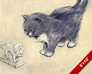 LION STATUE & LITTLE CAT KITTEN PET ANIMAL ART PAINTING REAL CANVAS PRINT - Picture 1 of 4