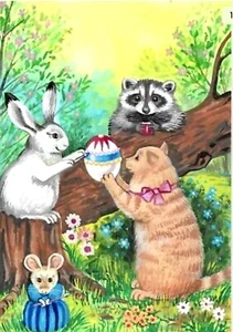 ACEO PRINT OF PAINTING CAT RYTA RACCOON MOUSE BUNNY EASTER EGG Art Forest Spring - Picture 1 of 1