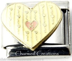 Cream And Pink Heart With Stripes Love 9mm Italian Charm Stainless Steel Link