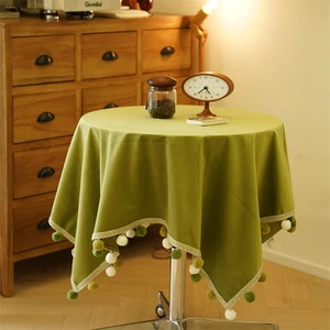 1X Velvet Tablecloth with Fringe Lace Trim Coffee Table Cover Cabinet Tablecloth - Picture 1 of 18
