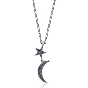 Pave Diamond Crescent Moon & Star Pendant 925 Sterling Silver Necklace Jewelry - Picture 1 of 5