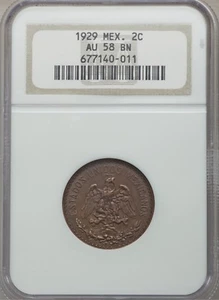 MEXICO ESTADOS UNIDOS 1929 2 CENTAVOS COIN CERTIFIED ALMOST UNCIRCULATED NGCAU58 - Picture 1 of 2