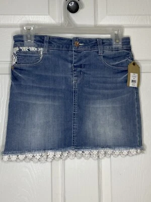 True Craft Girls Denim Skirt Light Wash Size 14 NWT Raw Hem Lace Accent - Image 1 of 4