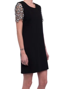 CONNESSIONE FRANCESE Jersey nera elasticizzata manica in pizzo abito a turni UK 10 £110 - Foto 1 di 8