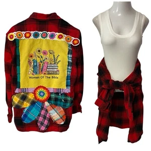 Christian Shirt Upcycled Flannel Womens XL Shacket Grunge Bible Art Patchwork - Picture 1 of 21