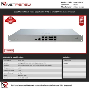 Cisco Meraki MX105-HW Cloud Managed Security Appliance, volle UTM-Funktionen, 1 HE - Bild 1 von 1