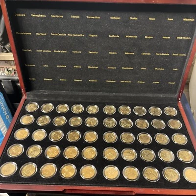 Complete 24K GOLD Clad STATEHOOD Quarter 50 Coin Set in Wood Box - Image 1 of 4