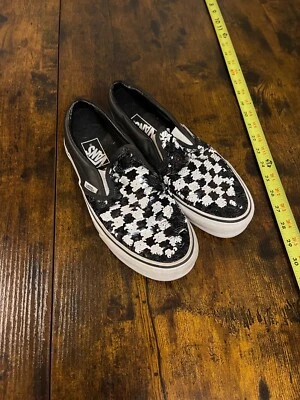 Vans Mujer Negro Blanco Lentejuelas Abatibles Cuero Sin Cordones Tenis Talla 8.5 Foto 1 de 4
