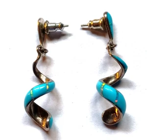 Vintage Sterling Silver Zuni Turquoise & Opal Inlay Twist Earrings Signed D L - Picture 1 of 10