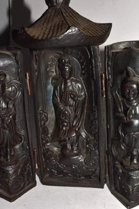 Portable Tri-fold Buddha Shrine Statue Wood Qianlong Nian Zhi Chinese Buddhist - Picture 1 of 9