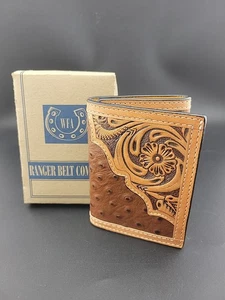 Western Trifold Mens Wallet GENUINE LEATHER~ Handtooled~Brown Ostrich - Picture 1 of 5