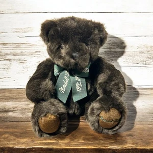 Vtg Marshall Field's Dark Chocolate Brown Teddy Bear Jointed Green LOGO Ribbon - Picture 1 of 8