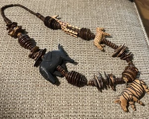Vintage Necklace Hand carved Elephant Zebra Giraffe Leopard Wooden Circles  28” - Picture 1 of 12