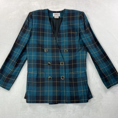 Blazer Worthington para mujer 4 verde azulado negro a cuadros doble pecho botón dorado Foto 1 de 4