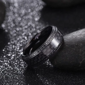 Tungsten Carbide Carbon Fiber Edge Cz Ring 8MM w/ FREE Engraving size 8-14 - Picture 1 of 11
