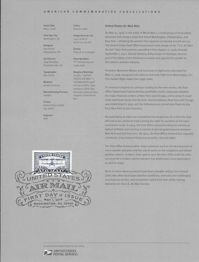 #1813 (50c) Forever Air Mail Blue #5281 Souvenir Page - Image 1 of 1