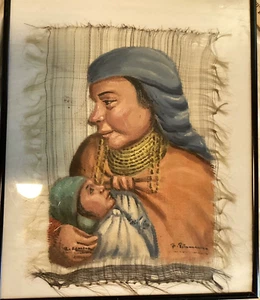 Madonna & Child painted on woven horsehair UNFRAMED signed, signature illegible - Picture 1 of 5