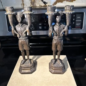 PAIR Antique Bronze Blackamoor Nubian Servant Statue Candlestick Candle Holders - Picture 1 of 8