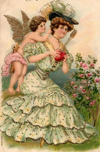 c1910 Embossed Cupid On Victorian Lady Arrow In Her Heart Valentine Postcard - Picture 1 of 3