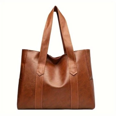 Women's Large Brown PU Leather Minimalist Classic Shoulder Tote Bag Handbag Work - Image 1 of 4