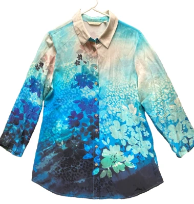 Soft Surroundings Shirt Womens Medium Blue AOP Floral Boho Silk Button Up Tunic - Image 1 of 4