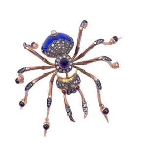 Unique Large Antique Spider Brooch Enamel Garnet Ruby Gold & Silver - Picture 1 of 11