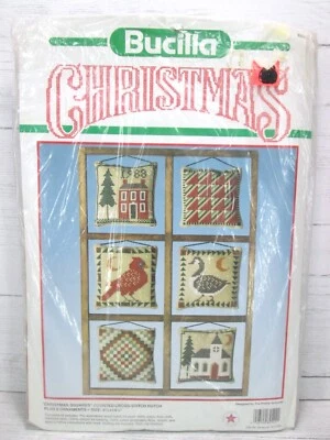 Vintage 80s Bucilla Christmas Squares Cross Stitch Kit Hutch Prairie Schooler - Image 1 of 4