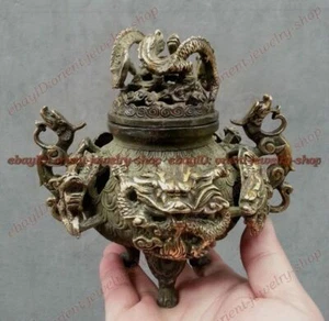 Antigua Estatua de Bronce China Lucky 9 Dragón Antiguo Quemador de Incienso Censor - Imagen 1 de 3