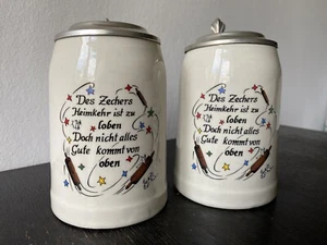 2 alte Bierkrüge vor 1960 mit Original Zinndeckel und witzigem Trinkspruch - Bild 1 von 5