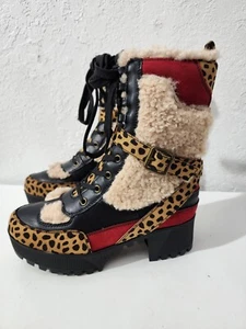 Women Cheetah Platform Boots Mid Calf Faux Fur Zip Up Winter Black Red Shoes 6.5 - Picture 1 of 6