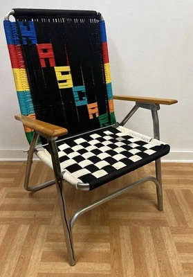 SILLA DE CÉSPED de aluminio vintage Nascar Racing Macrame plegable piscina playa patio porche Foto 1 de 4