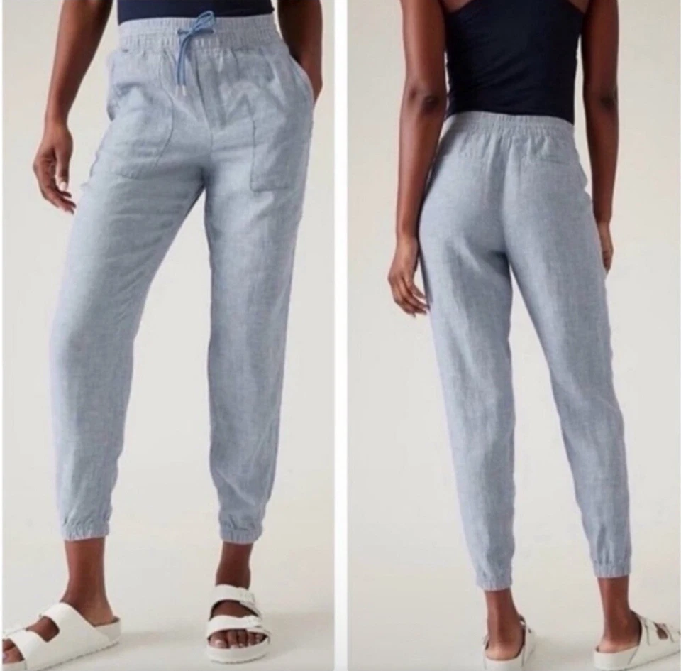 Athleta Retreat Linen Jogger Pants Womens Size 8T Tall Chambray Blue 531704