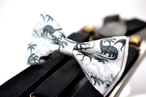 Black Dinosaur White Bow tie Bowtie + BLACK Suspenders Braces For Men / Boy - Picture 1 of 16