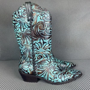 Patricia Nash Cowboy Boots Womens 9.5 Bergamo Turquoise Tooled Western Leather - Picture 1 of 11