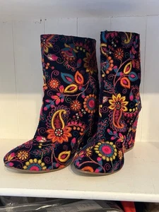 Naughty Monkey Retro Crushed Velvet & Leather Embroidered Boots Size 9 - Picture 1 of 8