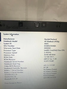 HP elitebook 6930p intel core duo CPU p8600 2.4ghz 2 gig ram on board dvd missin - Picture 1 of 4