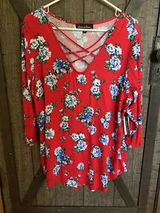 Alison Andrews Women’s Red Blouse 1x Blue & White Flower Print NWT - Picture 1 of 5
