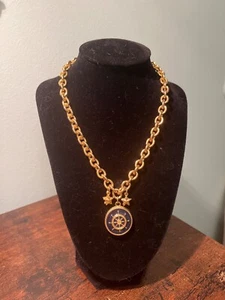 HEAVY GOLDTONE NECKLACE WITH SHIP'S WHEEL ON BLUE ENAMEL AND 2 STARS - Picture 1 of 1
