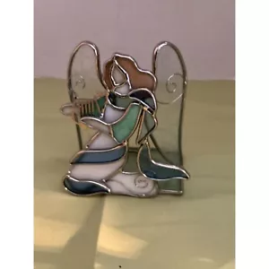 Free Standing Blue/Green Stain Glass Angel Votive Holder with Lyre - Picture 1 of 10