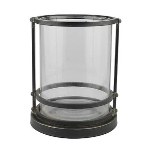 9" Metal Trim Glass Hurricane Candle Holder Black - Stonebriar Collection